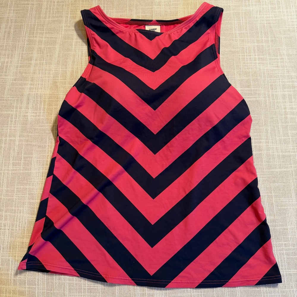 Lands End Pink Navy Chevron Stripe Tankini Top‎ High Neck Swimwear Size 8